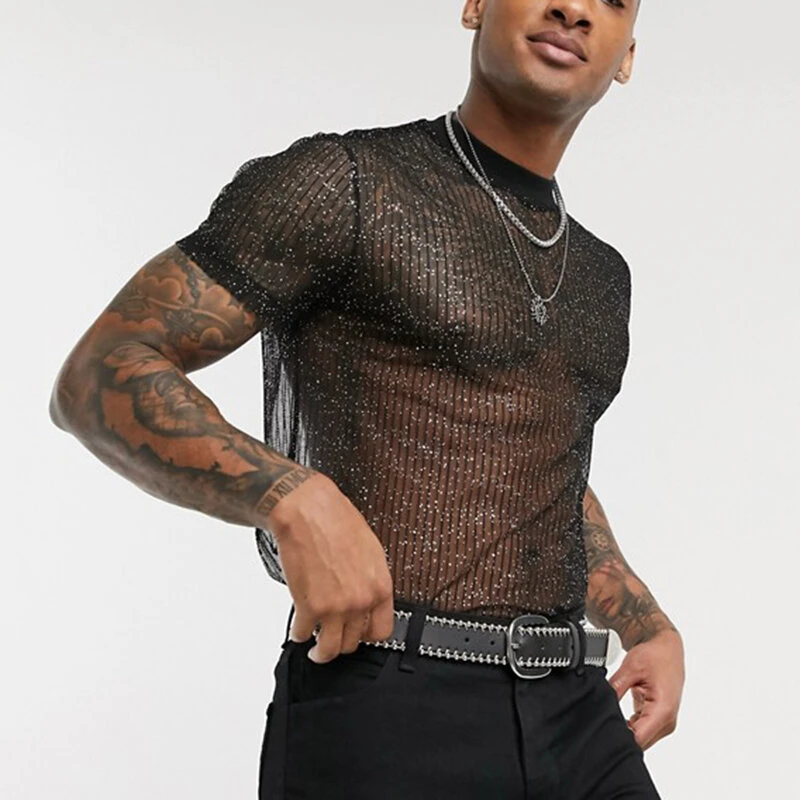 (image for) Men Mesh See-Through T-Shirt Training Fitness Sport Casual Short Sleeve Slim Fit Thin Tee Tops